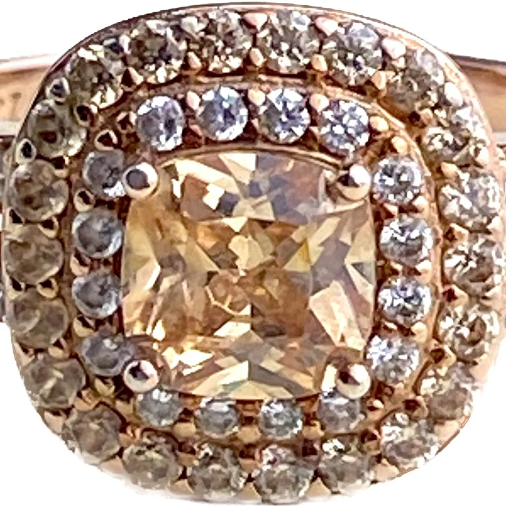 14K Rose Gold Plated Sterling Cushion Cut Champaign Cubic Zirconia Double Halo